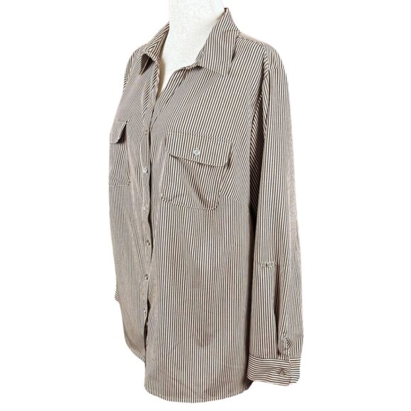 NOTATIONS BROWN AND TAN PINSTRIPE BUTTON UP SHIRT, SIZE 2X - Picture 2 of 5